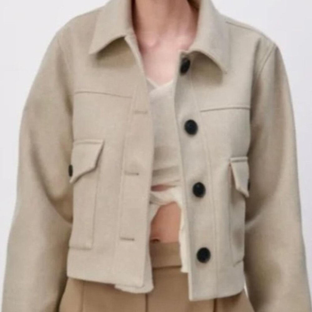 Zara Beige Cropped Shirt Jacket